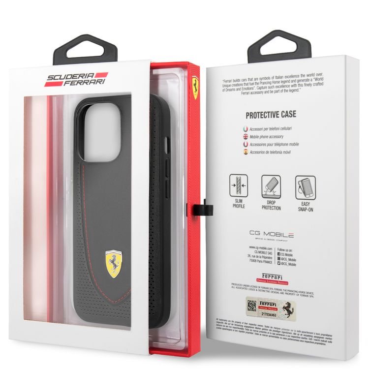 CG MOBILE Ferrari Genuine Leather Hard Case with Curved Line Stitched & Perforated Leather Compatible for iPhone 13 Pro Max (6.7") Shock & Scratches Resistant