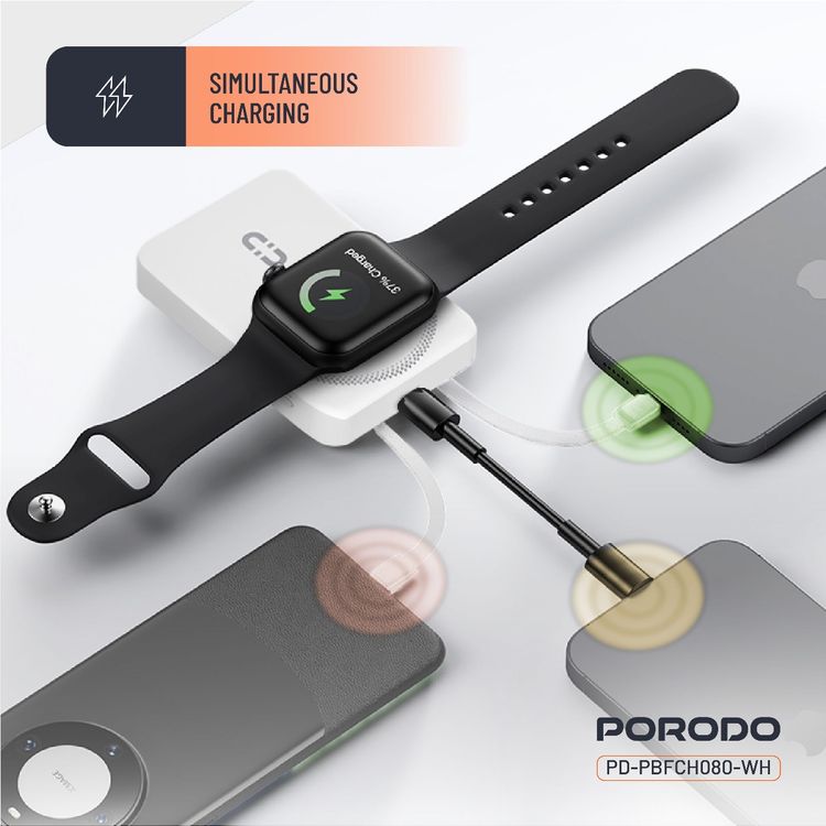 بورودو بنك طاقة لاسلكي مغناطيسي 10000 مللي أمبير/ساعة مع حامل كابل مدمج USB-C + Lightning، شحن متزامن، شاشة رقمية، PD 22.5 واط - أبيض