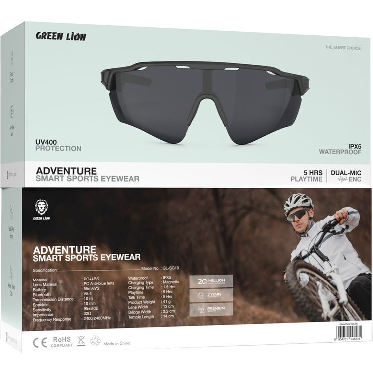 نظارات رياضية ذكية من جرين ليون أدفنتشر بإطار مهوّج، ميكروفون مزدوج، وقت تشغيل 5 ساعات، كاميرا عن بُعد، شحن مغناطيسي، بلوتوث بإصدار V5.4 - لون أسود