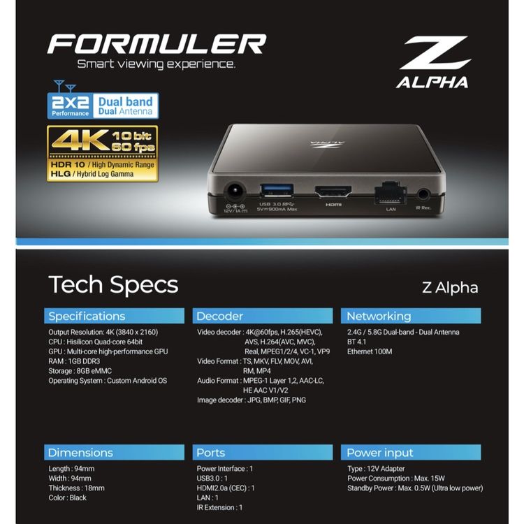 Formuler Z Alpha Compact & Powerful 4K Ultra HD Media Streamer 1GB , Android OTT Middleware & Media Streamer Universal Android Compatibility, Dual Band