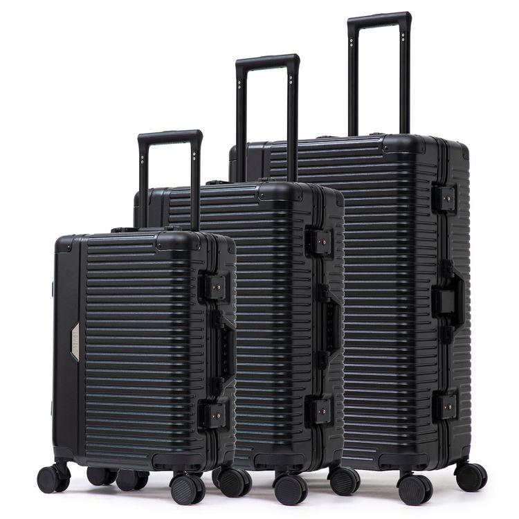 Levelo Aluminum & PC Luggage Set with Reinforced Lock Latch, 4 Double Wheels, Up to 80kg Weight Bearing, 20", 24" & 28" Luggage Sizes, Impact-Resistant Corners, 360° Wheel Rotation - Black