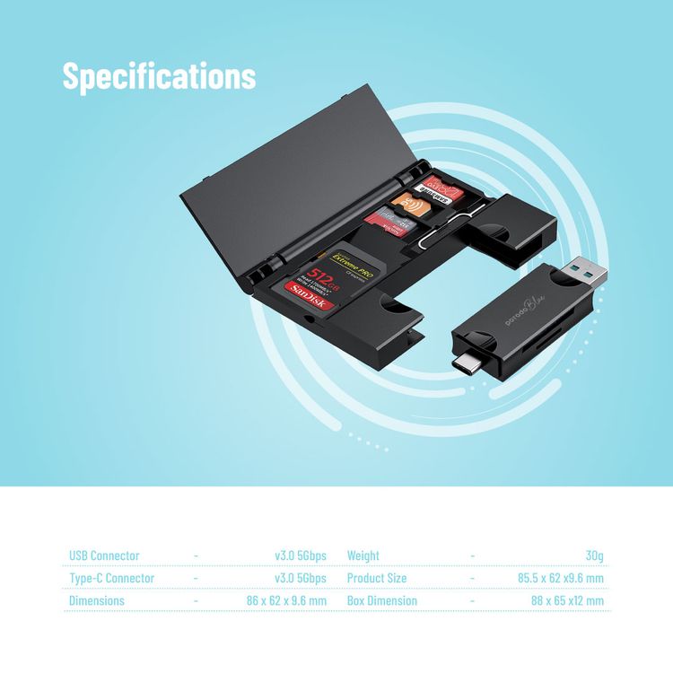 Porodo Blue 2-in-1 Card Reader with 5 Storage Slots, 5Gbps Data Transfer Speed, SD and Micro SD Card Slots, V3.0 USB and Type-C Connector, Compact and Portable - Black