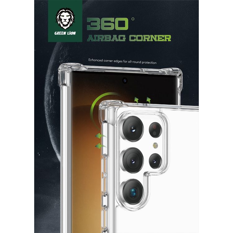Green Lion 360° Anti-Shock Case for Samsung S23 Ultra, TPU & PC Hard Back Material, Anti-Scratch & Drop-Resistant, Anti-Yellowing, Slim Design - Clear