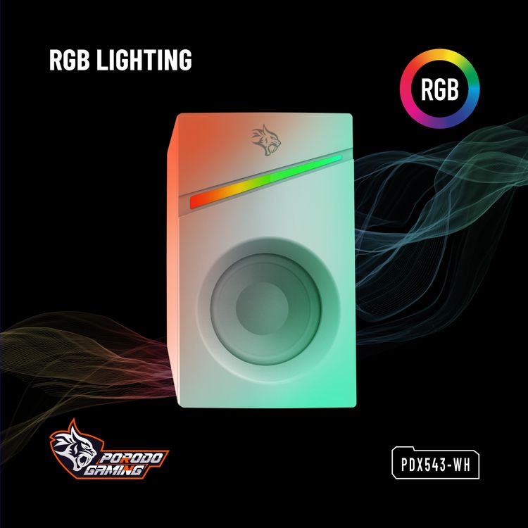  Porodo Gaming Stereo Speakers with Volume Knob Control, Broad Compatibility, Plug & Play, 6W Audio Output, 3.5mm  Audio Interface, 7 Colors Rainbow Lighting - White