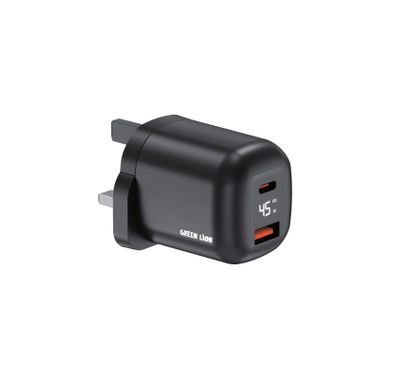 Green Lion Q-Series 45W UK Plug GaN Wall Charger with Smart Digital Display, QC 3.0 18W, Ultra Compact Design, High-Efficiency GaN Charger, Smart Protection, GaNStorm Technology, Flame-Retardant PC Material - Black