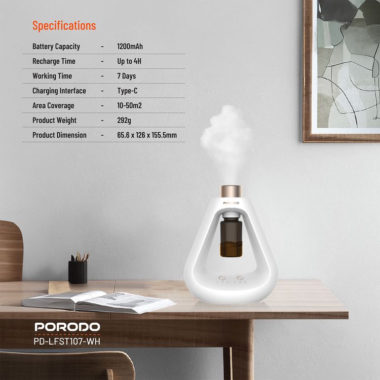 Porodo Lifestyle Aroma Sphere Waterless Diffuser, 10-50 m2 Coverage, 1200mAh Battery,  Up to 7 Days Working Time, Cold Diffusion, 3 Mist Modes - White