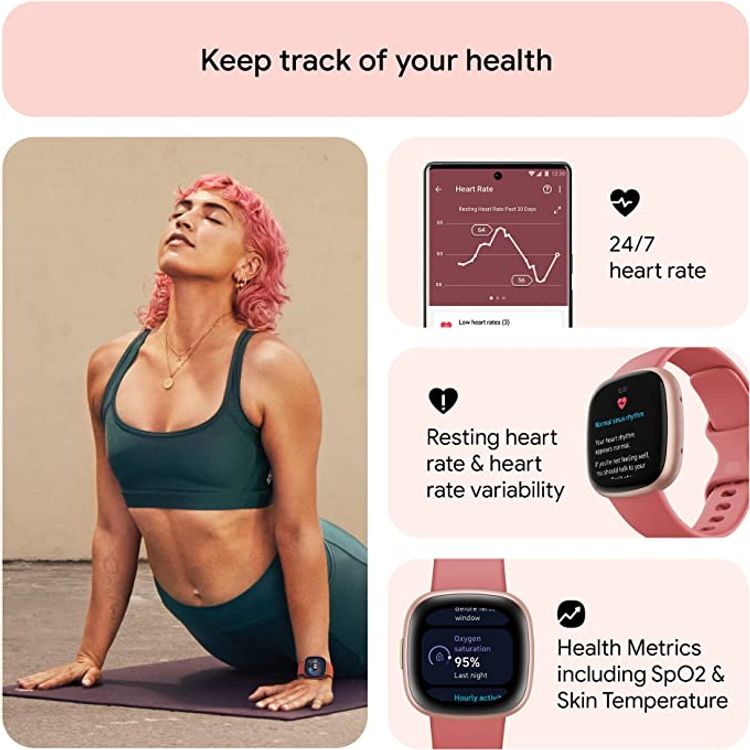 Fitbit Versa 4 Fitness Aluminum Wristband with Heart Rate Tracker - Pink Sand/Copper Rose Aluminum