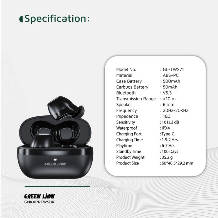 Green Lion Kaprun True Wireless Earbuds with Environmental Noise Cancellation, Up to 7 Hours of Playtime, 5.3 Bluetooth Version, IPX4 Waterproof, In-Ear Design - Black