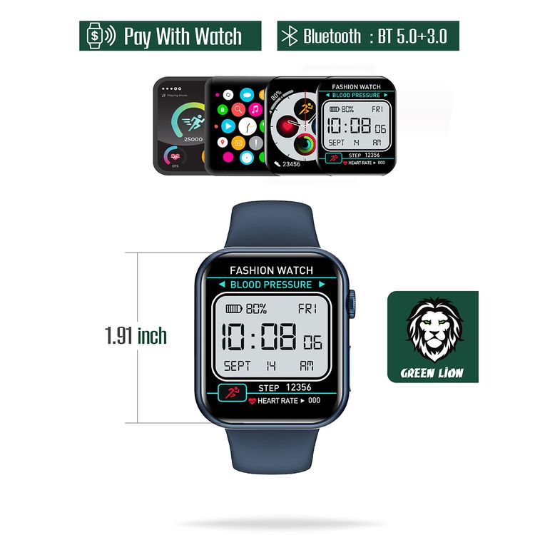 Green Lion Active Pro Smart Watch with Silicone Strap Included, Double Tap Function, Waterproof, Full Round Display, 230mAh Battery Capacity, Long Battery Life - Blue