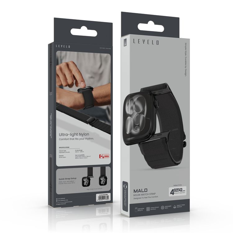 Levelo Malo Nylon Watch Strap with Unique Woven Structure, Sweat & Water Resistant, Lightweight Nylon, Adjustable Strap Fit, Quick Strap Setup, Adjustable G-Buckle Closure Type, 135mm – 210mm Fit Size Range, Compatible with Apple Watch 49mm / 46mm / 45mm / 44mm / 42mmm - Black