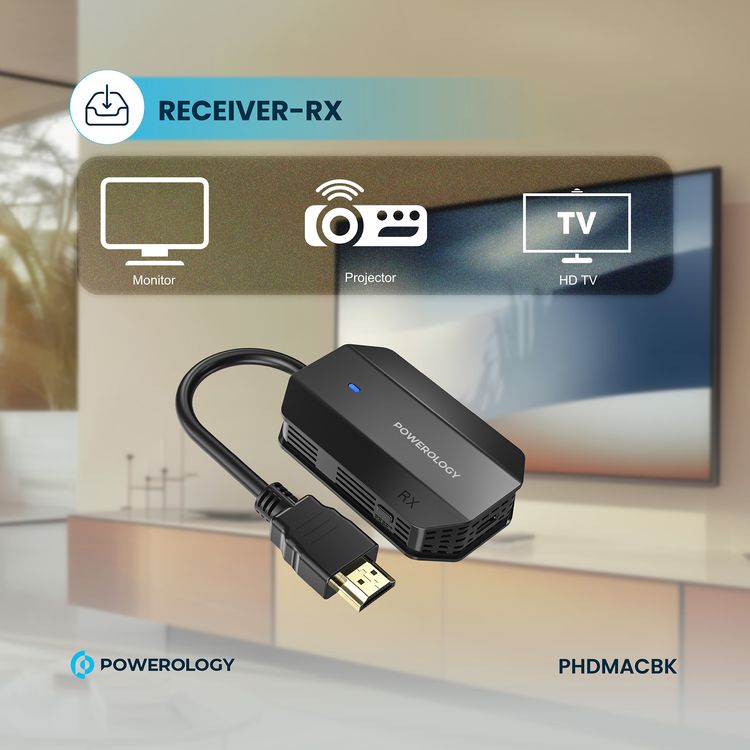Powerology Wireless HDMI Type-C Adapter for Audio & Video with 50m Transmission Range, 1080P Resolution, Low Latency, Plug and Play - Black