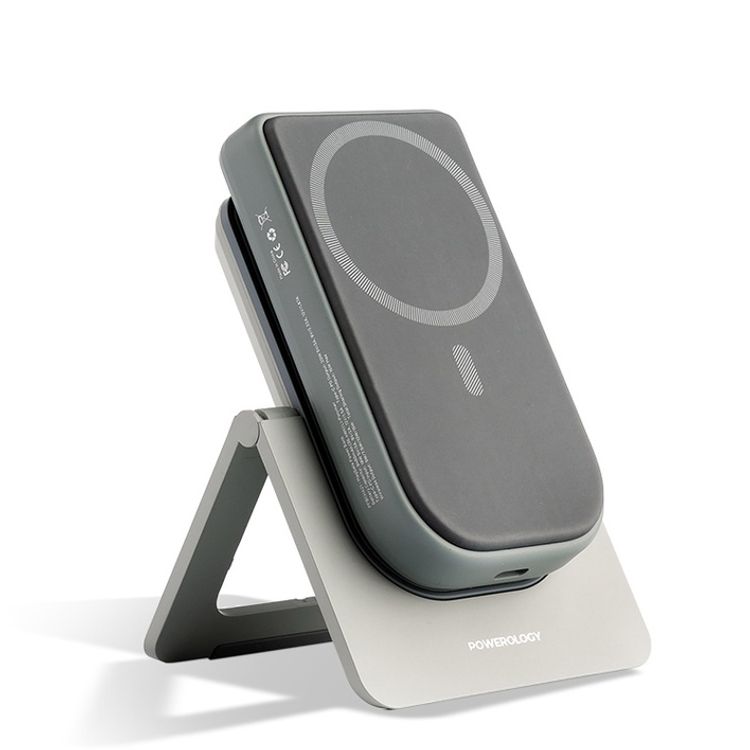 بطارية Powerology Magsafe سعة 10000 مللي أمبير لي-بوليمر، مزيج 15 وات، بنك طاقة + حامل شحن، شحن لاسلكي، شحن سريع PD بقوة 20 وات - رمادي.
