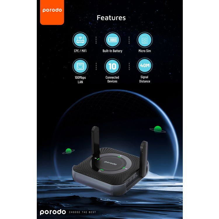 Porodo Home & Outdoor Portable Router 4G & LTE, 40m Signal Distance, 12 Hours Working Time, Up-to 10 Devices Connection Ability, 100Mbps LAN, Built-in Battery, Micro SIM, CPE & MiFi, CAT4 Category, 150Mbps Download Rates & 50Mbps Upload Rates - Black / Gray