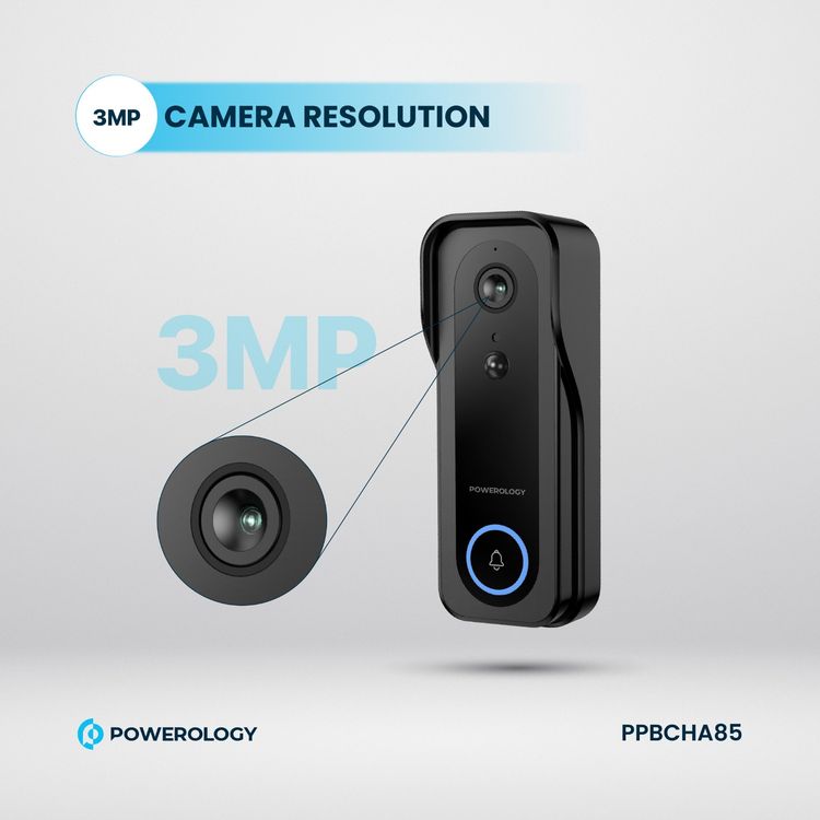 Powerology Smart Camera Doorbell with 3MP Camera Resolution, 5200mAh Battery Capacity, 9 Hours Charging Time, 3 to 8 Months Battery Life, Two-Way Audio, Night Vision - Black