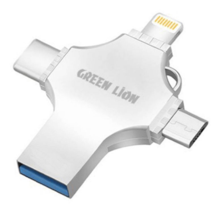 Green Lion 4-in-1 USB Flash Drive 256GB with High Speed Data Transfer, USB-A, USB-C, Micro USB & Lightning Connectors - Silver