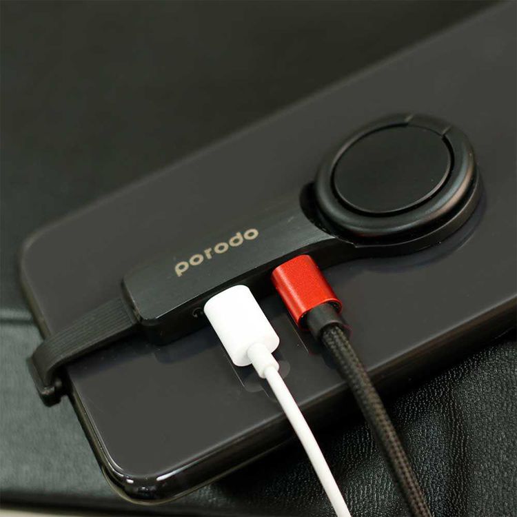 Porodo Dual Lightning Adapter with Phone Support Grip, 2A Charging Current, Microphone & Audio Support, Lightning Devices Compatibility, ABS & Metal Shell, Super Slim Design - Black