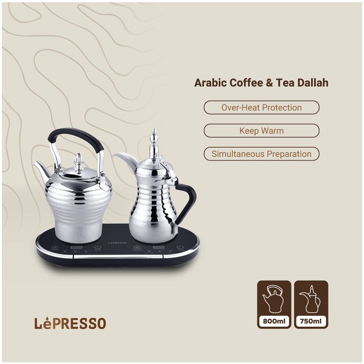 LePresso Electrical Arabic Coffee and Tea Dallah with Over-Heat Protection, 800mL Tea Pot Capacity, 750mL Coffee Pot Capacity, Simultaneous Preparation, Keep Warm   - Silver
