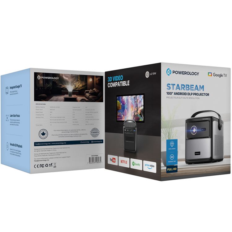 Powerology 4K GTV Projector, FHD Resolution, Wi-Fi, Android 9, 15000mAh Battery, 3D Content Supported, USB & HDMI & 3.5mm Audio Interface - Black