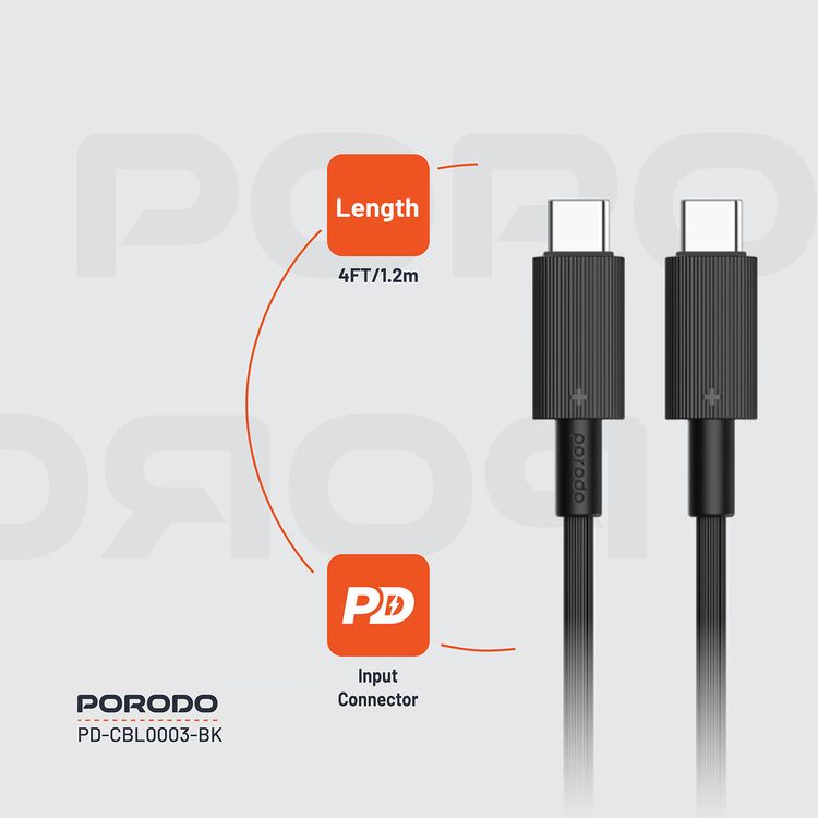 Porodo USB-C to USB C PVC Cable, 480Mbps Transfer Speed, 60W Power Delivery, more than 15000 Bends Life Span, 1.2m Cable Length, Tangle Free - Black