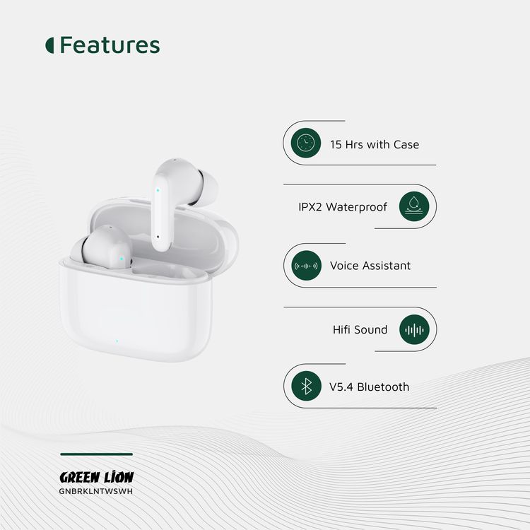 Green Lion Brooklyn True Wireless Earbuds with Voice Assistant, 4 Hours Playtime, Built-in Microphone, HiFi Sound, Touch Control, Dual-Mic - White