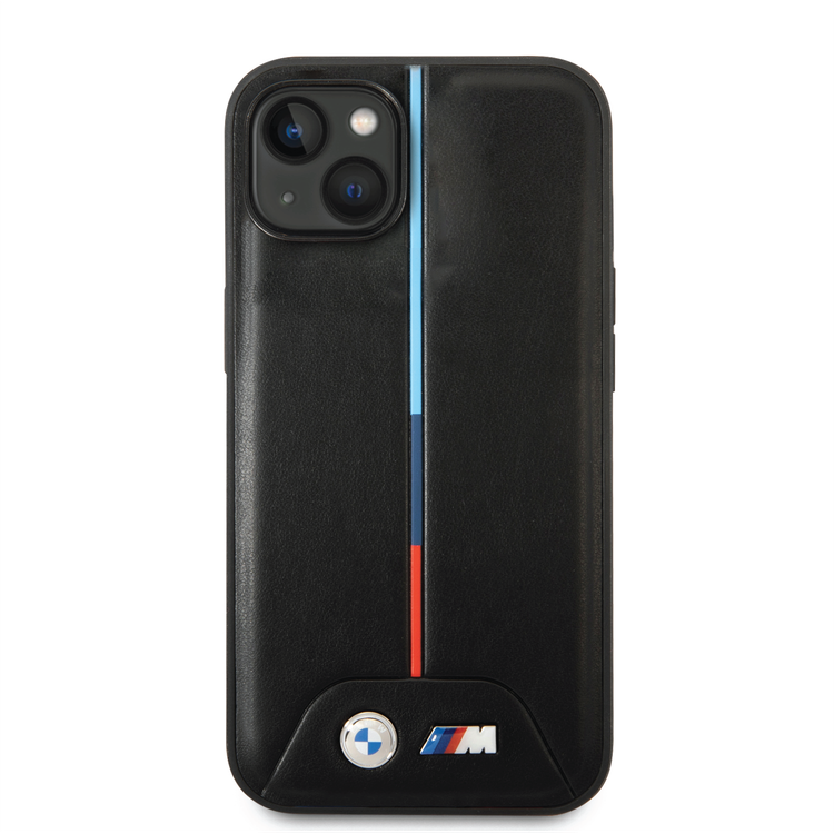 BMW M Collection Quilted PU Case with Hot Stamped Tricolor Stripe and Printed Logo iPhone 14 Compatibility - Black