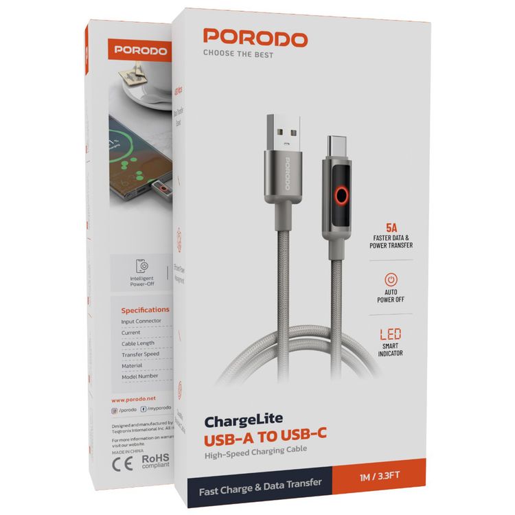 Porodo Charge Lite USB-A to USB-C Cable with High-Speed Charging, Braided & Aluminum Alloy Material, 1m Cable Length, 480Mbps Transfer Speed, Protect Battery - Gray