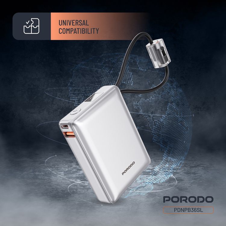 Porodo Petite 10000mAh Power Bank with Integrated Type-C & Lightning Cable, PD 20W, USB-A & USB-C Ports, Fast Charge Support, Digital Display, Universal Compatibility - Silver