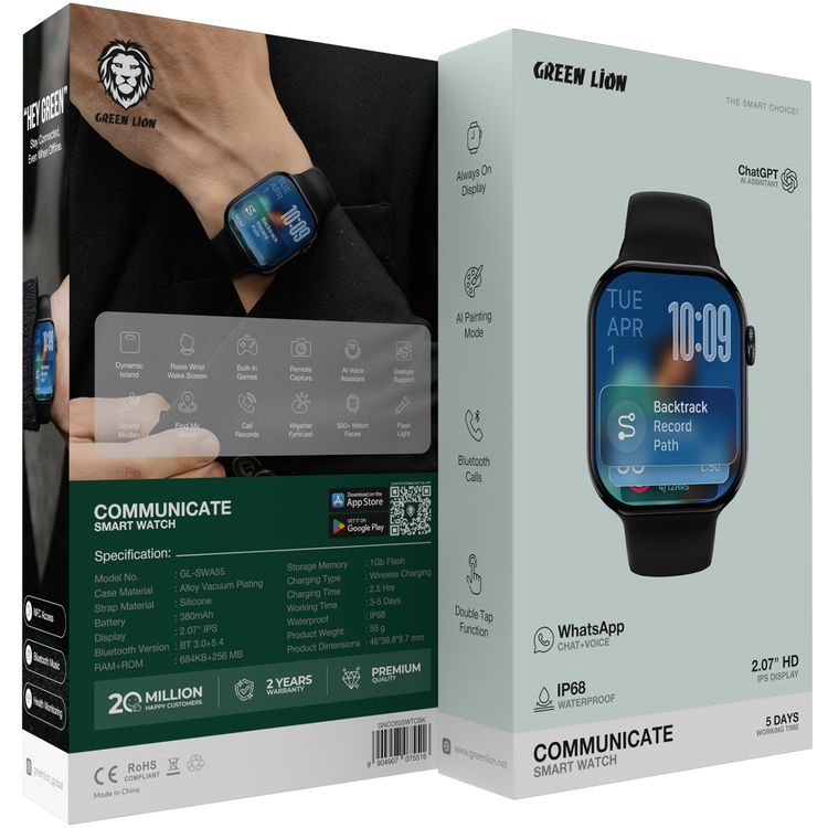 Green Lion Communicate Smart Watch with 2.07" IPS Dispaly, 380mAh Battery Capacity, Wireless Charging, AI Voice Assistant, 1GB Flash, 3-5 Days Working Time - Black