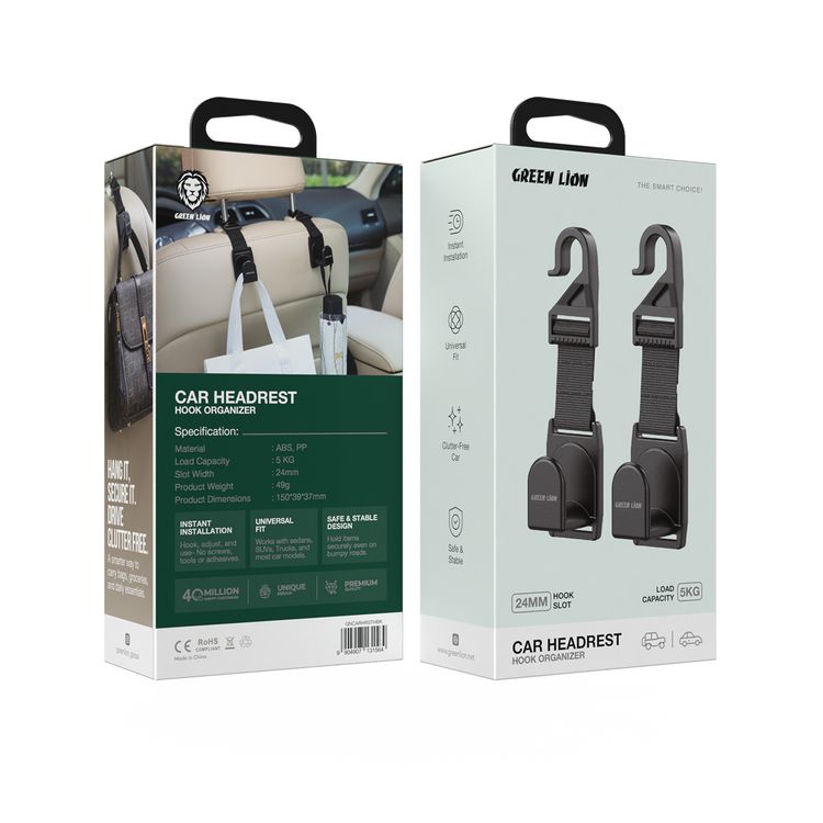 Green Lion Car Headrest Hook Organizer with 24mm Hook Slot, 5kg Load Capacity, Instant Installation, Universal Fit, Clutter-Free Car, Safe & Stable Design, ABS + PP Material - Black