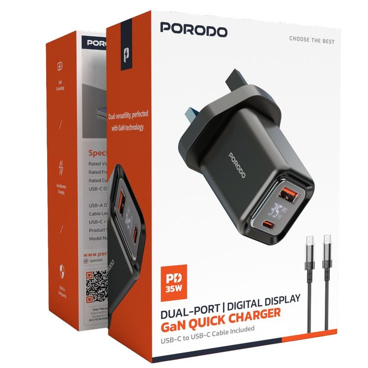 Porodo Dual-Port Quick Wall Charger with Type-C to Type-C Included, 35W Power Delivery, Built-in Safeguards, Digital Display, 0.8A Maximum Rated Current, GaN Technology - Black
