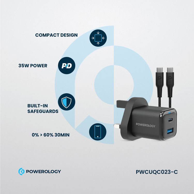 Powerology Dual Port Super Compact Quick Charger with USB-C To USB-C Braided Cable, 33W PPS Protocol, 35W USB-C Output, 18W USB-A Output - Black 
