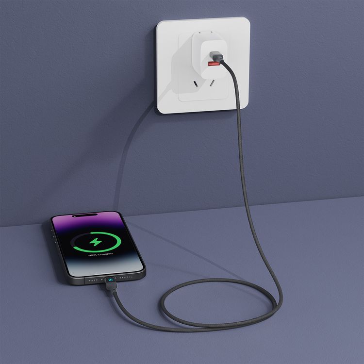 Porodo USB-C to Lightning Charging & Data Cable with 27W Power Delivery, 1m Cable Length, Braided Cable with Tangle-Free Design, 480Mbps Data Transfer Speed, Fast Charge - Gray