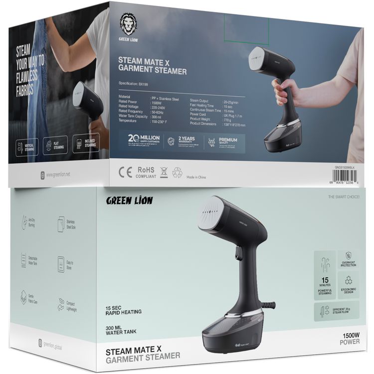 مكواة بخار للملابس من Green Lion Steam Mate X مصنوعة من مادة البولي بروبلين والفولاذ المقاوم للصدأ، سعة خزان المياه 300 مل، وقت تسخين سريع 15 ثانية، عناية لطيفة بالأقمشة - أسود