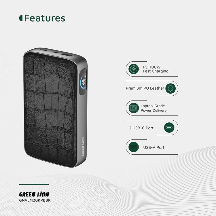 باور بانك جرين ليون VALMONT بسعة 20000 مللي أمبير بالساعة مع جلد PU فاخر، شحن سريع 100 واط PD، معتمد للسفر، شاشة TFT، مخرج USB-A QC18W - لون أسود