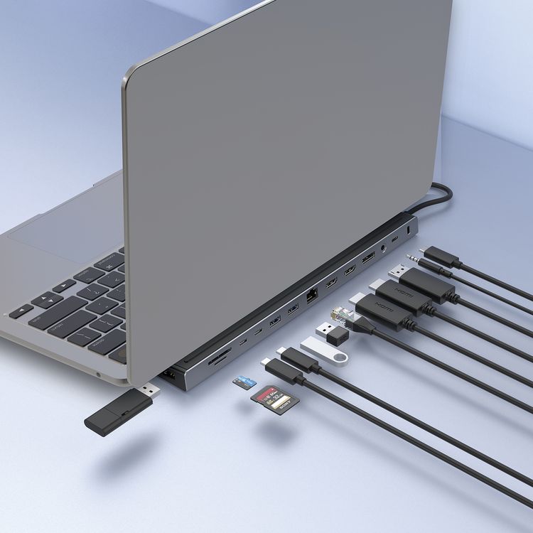 Powerology 13-in-1 Multi-Display USB-C Hub & Laptop Stand with 1000Mbps Ethernet, 3x v3 5Gbps USB-A Outputs, 2x v3 5Gbps USB-C Outputs, 2x 4K UHD HDMI, 4K UHD DP, SD & TF Card Slots, 3.5mm Aux Jack Audio, 18cm Cable, Triple Display Support, Kensington Lock - Black