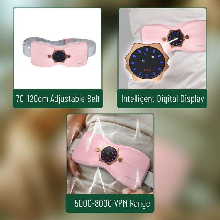 وسادة تدفئة حيض من جرين ليون فلورا مع 4 أوضاع تدفئة، 4 أوضاع اهتزاز، مصنوعة من مادة ABS وقماش قطيفة، بسعة بطارية 2500mAh، حزام قابل للتعديل من 70-120 سم، منفذ شحن نوع-C، وقت شحن 3 ساعات، وقت عمل 3 ساعات، شاشة عرض رقمية ذكية - لون وردي.