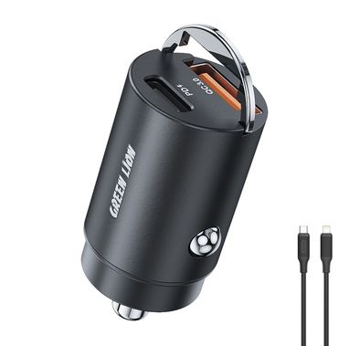 Green Lion Dual Port Car Charger with USB-C to Lightning Cable, Metallic Pull Ring, USB-A & USB-C Ports, Heat Dissipation, Charging Protection, Compact Design, 15W Total Output - Black