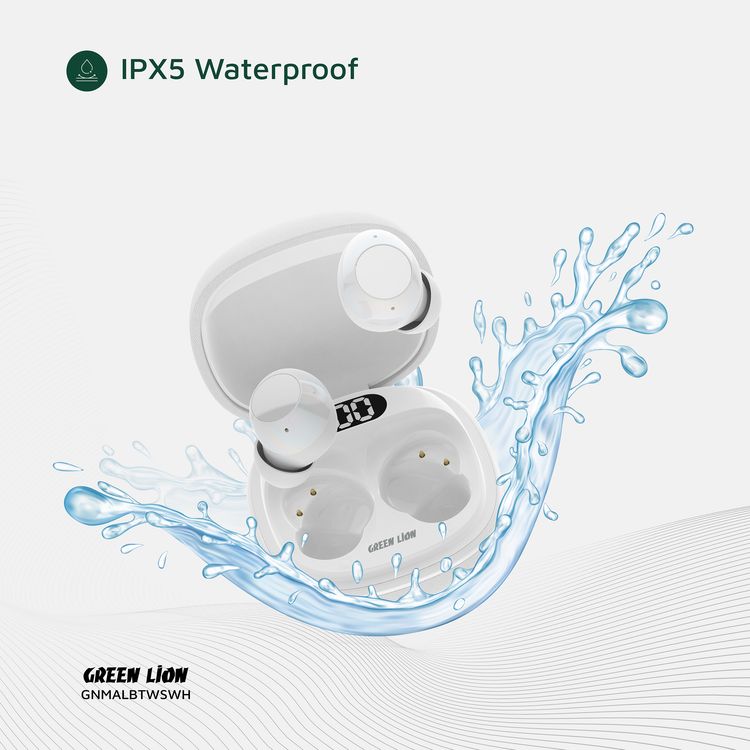 سماعات الأذن اللاسلكية الحقيقية جرين ليون مالبون مع تقنية ENC، وميكروفونات مزدوجة، ومنفذ شحن من نوع C، وإصدار بلوتوث 5.4. مدى بلوتوث 10 متر، بطارية علبة بسعة 300 مللي أمبير، وقت شحن ساعتين، ووقت استعداد 21 ساعة، عرض مستوى البطارية - أبيض