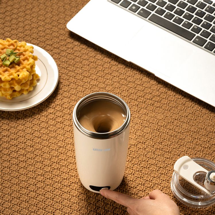Green Lion Auto-Stirring Mug with 304 Stainless Steel, 30 Seconds Auto Shut-off, Food-Grade Materials, 150 Times Stirring, Portable Handle, Drip-Free Spout, 350mL Capacity, Magnetic Stir Bar - Cream