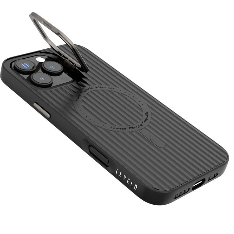 Levelo Livia Case for iPhone 16 Pro Max with MagSafe Compatibility, Impact-Resistant Corners, Built-in Kickstand, TPU with Silicone Surface, Metal Camera Ring - Black