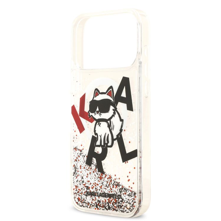 غطاء Karl Lagerfeld MagSafe Liquid Glitter بشعار Choupette المتناثرة لجهاز iPhone 17 Pro Max، بمظهر نحيف، حماية من السقوط، تركيب سهل، تغليف مستدام، قبضة مريحة، تصميم خفيف الوزن - أبيض