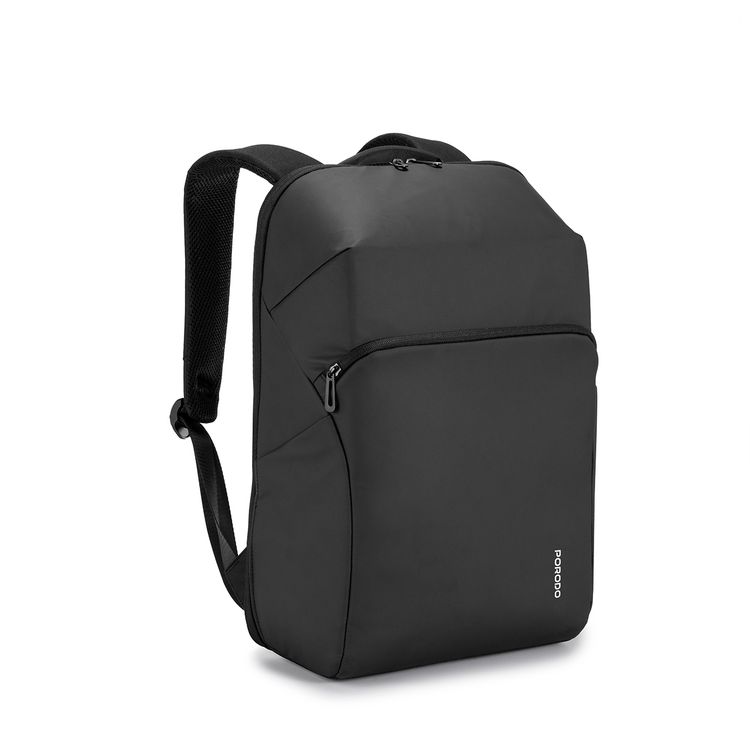 Porodo Lifestyle Water-Resistant PU Backpack with Trolley Sleeve Design, Space-Saving Compression, Dual Padded Laptop Slots, Type-C Charging Port - Black 