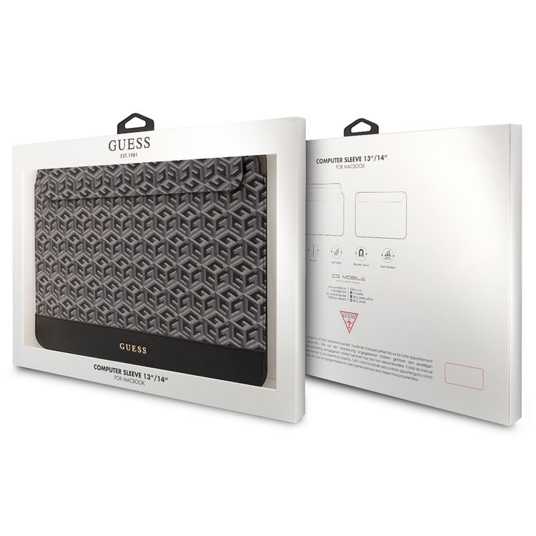 Guess Gcube Stripes Computer Sleeve for MacBook 13"/14" with Synthetic Leather Material, Magnetic Lock, Water Resistant - Black