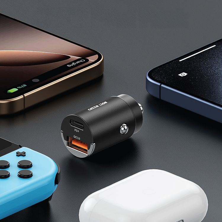 Green Lion Dual Port Car Charger, Metallic Pull Ring, USB-A & USB-C Ports, Heat Dissipation, Charging Protection, Compact Design, 15W Total Output - Black