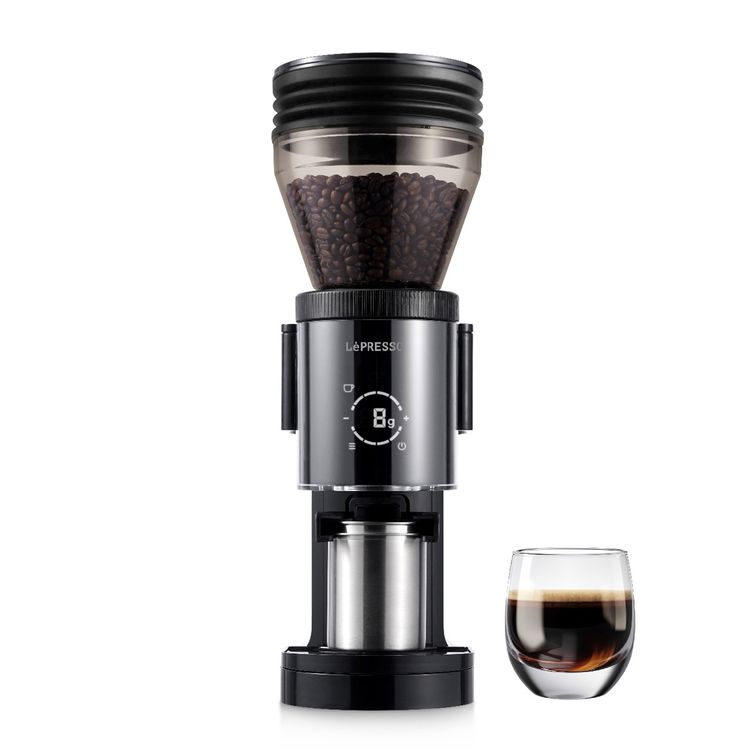 LePresso Precision Conical Burr Grinder with Digital Weight Control, Touch Display, 150W DC Motor Rated Power, 220-240V Rated Voltage, 50/60Hz Rated Frequency, 400g Bean Hopper Capacity, 90g Ground Coffee Cup Capacity, 3-Pin UK Plug, ABS & 304 Stainless Steel Materials - Black
