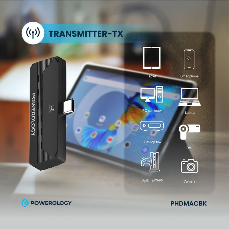 Powerology Wireless HDMI Type-C Adapter for Audio & Video with 50m Transmission Range, 1080P Resolution, Low Latency, Plug and Play - Black
