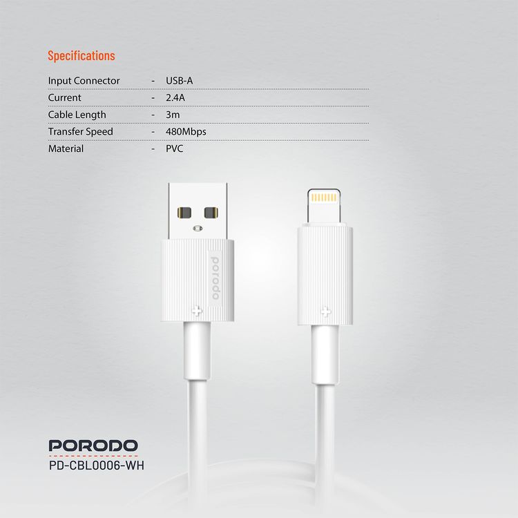Porodo USB A to Lightning PVC Cable 3m, 480Mbps, 2.4A, more than 15000 Bends Life Span, Tangle Free - White