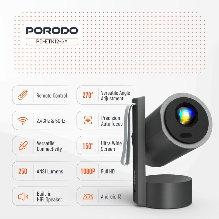 Porodo Full HD Portable Smart Projector with Auto-Focus & Keystone, 65W Power Consumption, 1080 pixels Resolution, Up to 150-inch Projection Size, 2 Hours Battery Life, 30000 Hours Light Source Life, 5000mAh Battery Capacity, 3-inch HD LCD Display, 250 ANSI Brightness, Bluetooth Version 5.0 - Gray