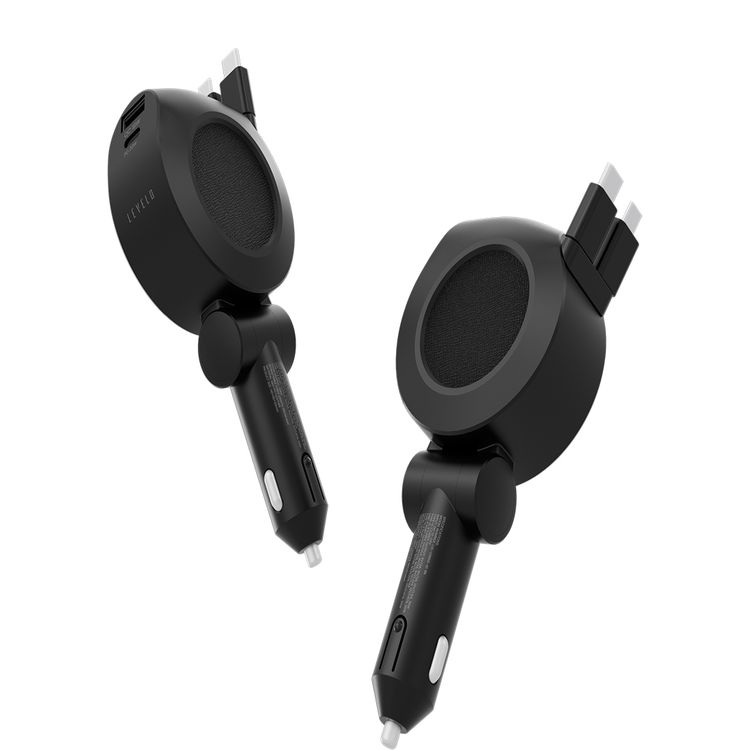 Levelo Orbis 4-in-1 Saffiano Leather Car Charger with Built-in Retractable 2 Type-C Cable, USB-A & USB-C Output Port, 80 cm Retractable Cables Length - Black