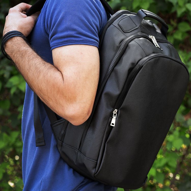 Levelo Elegancia Universal 16" Backpack with LVL Signature Logo, Leather Material, Water Resistant, Multiple Pockets - Black